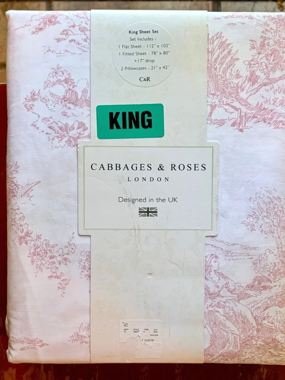 Cabbages & Roses COUNTRY TOILE - Rose Pink Cotton Percale KING Size Sheet Set